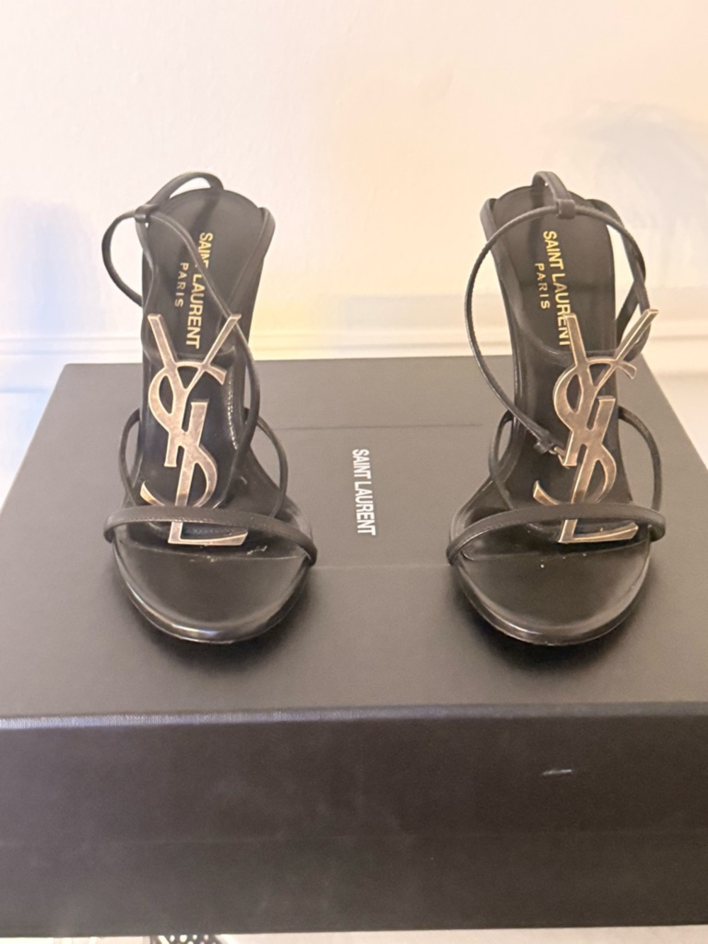 Saint Laurent Black Strappy Heeled Sandals with Gold YSL Emblem
